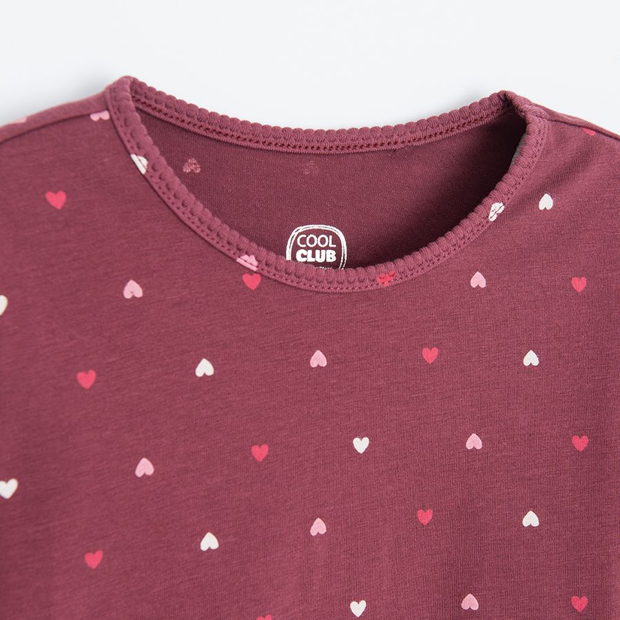 Burgundy long sleeve blouse with hearts print