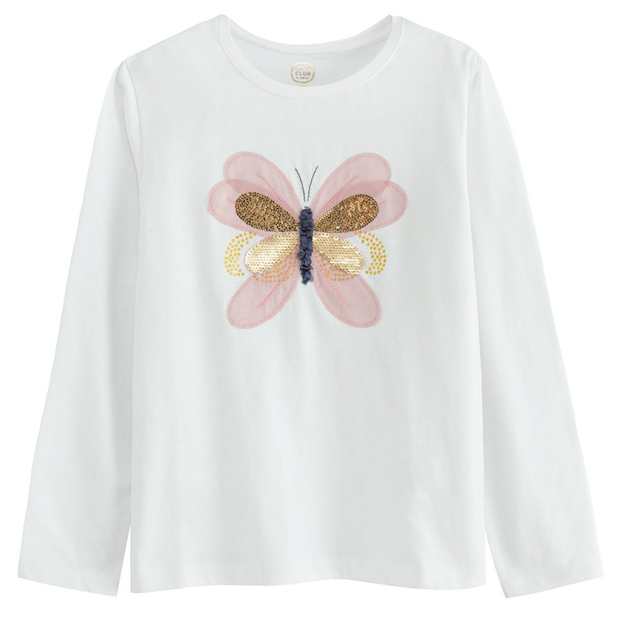 White long sleeve blouse with butterfly print with sequins