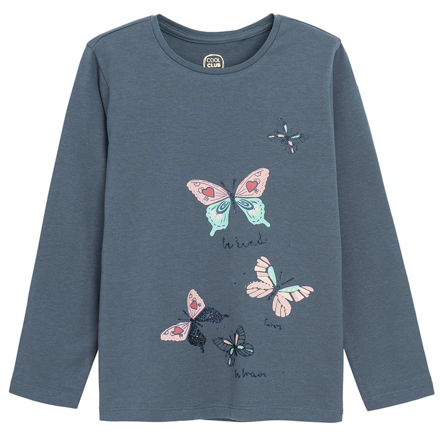Blue grey long sleeve blouse with butterflies print