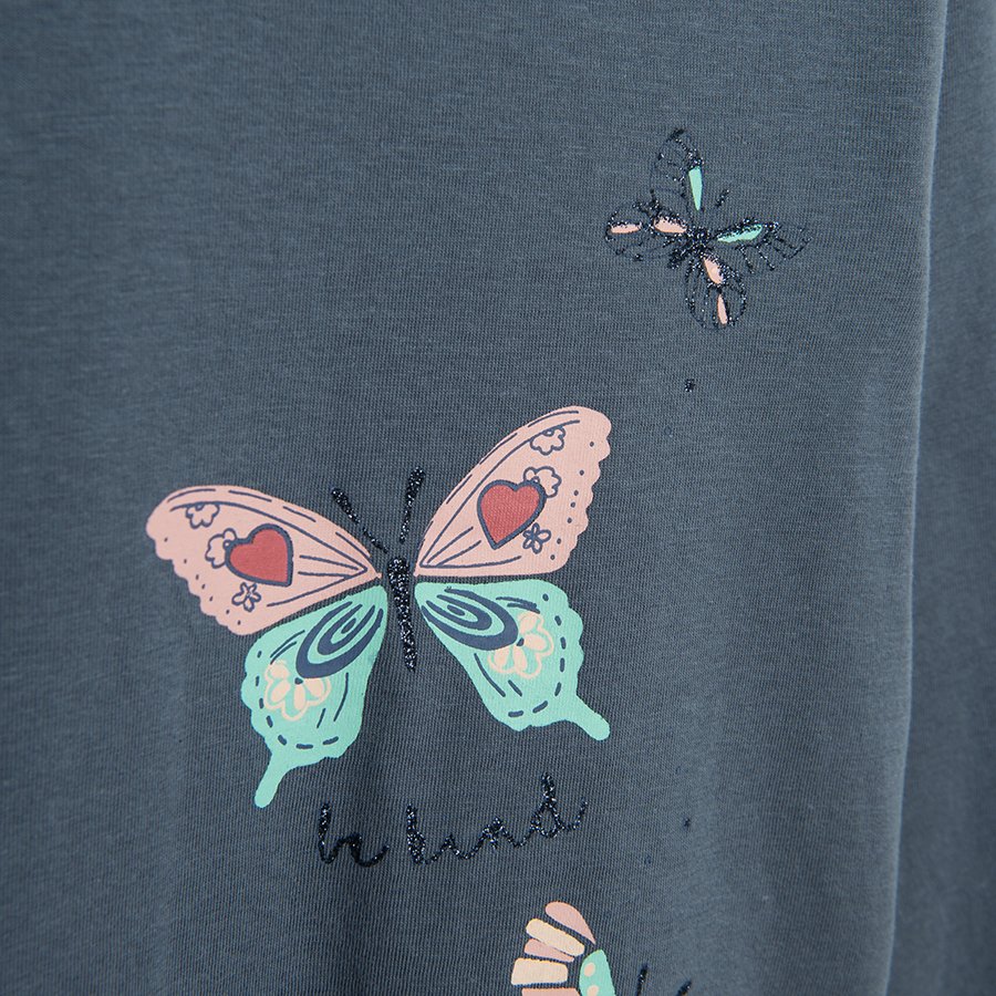 Blue grey long sleeve blouse with butterflies print