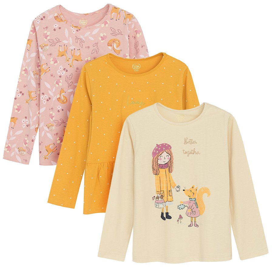Ecru, yellow and pink long sleeve blouses with fox and girl print