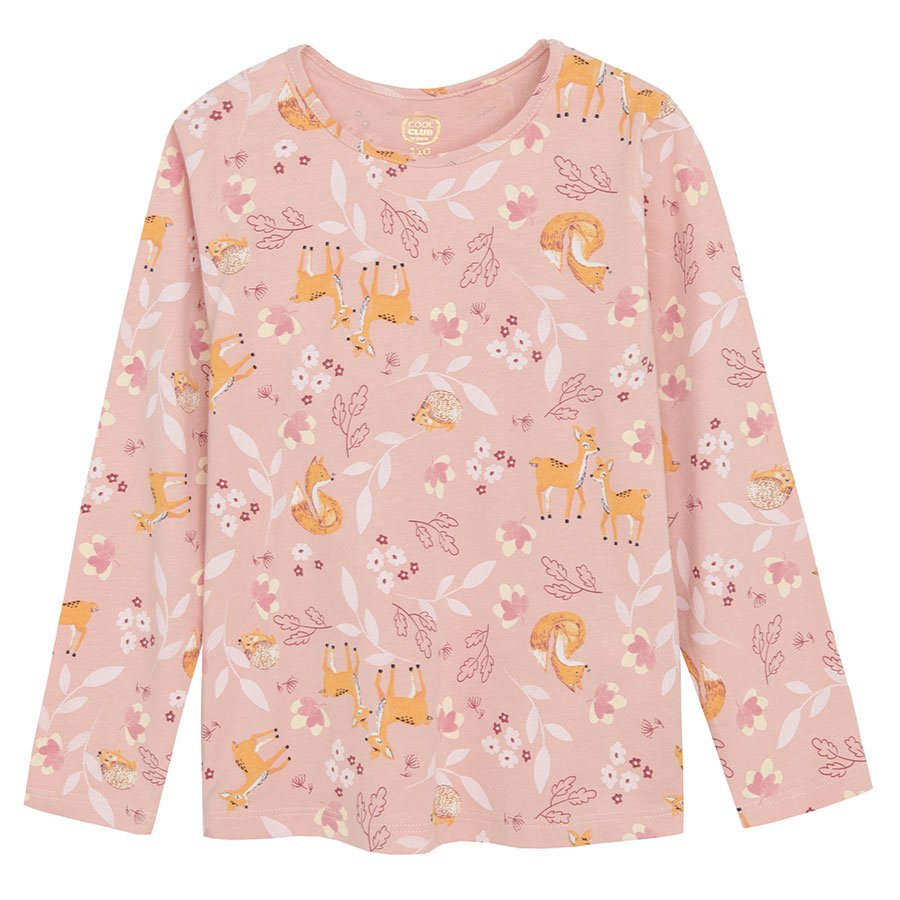 Ecru, yellow and pink long sleeve blouses with fox and girl print