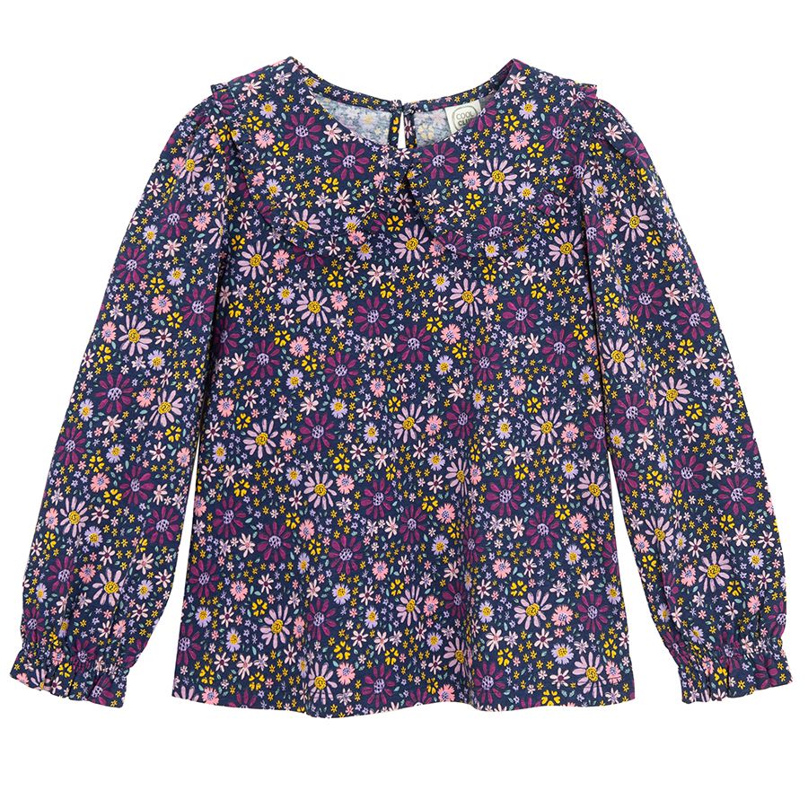 Blue floral long sleeve blouse with round collar