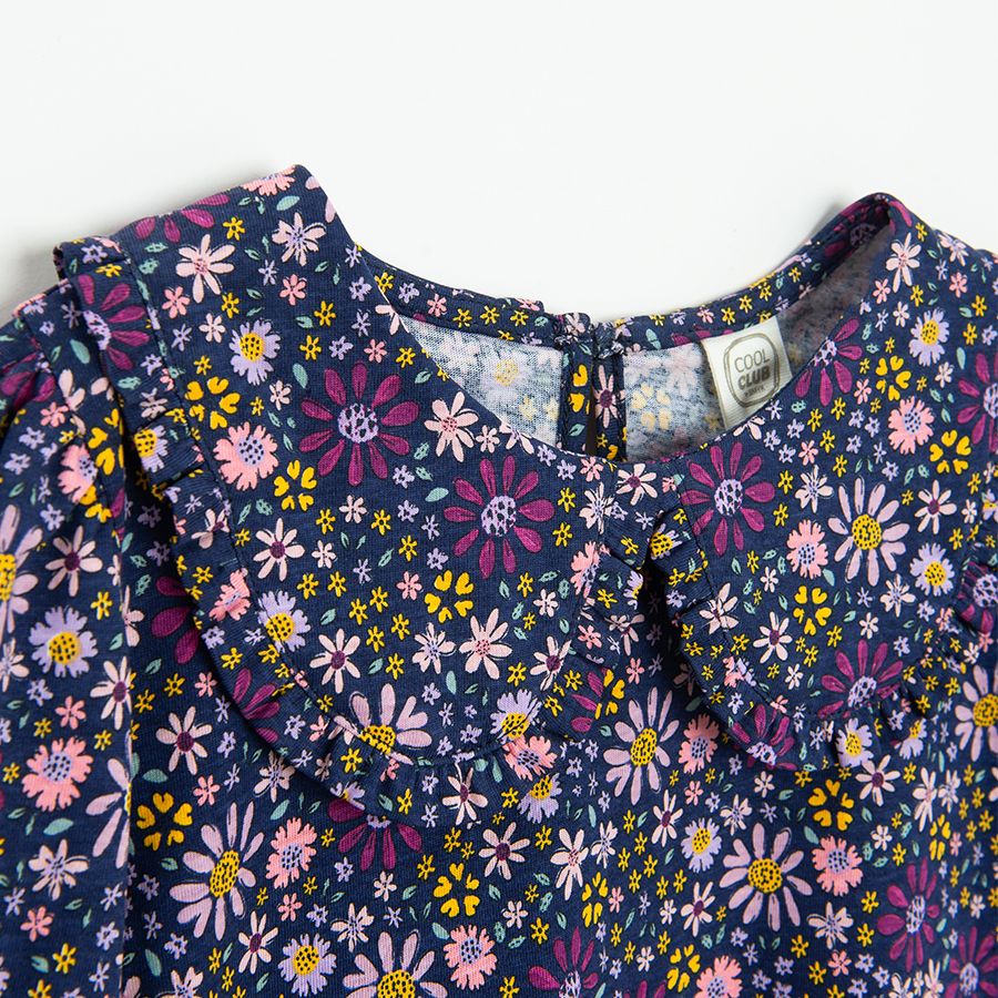 Blue floral long sleeve blouse with round collar