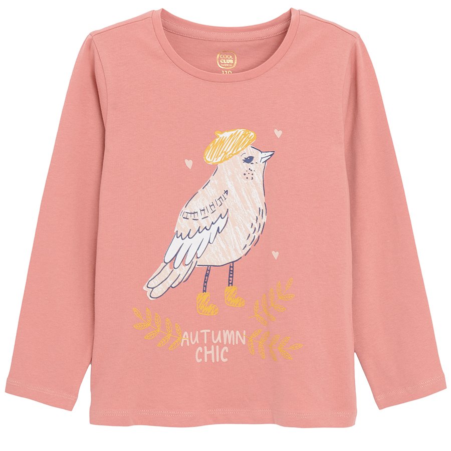 Μπλούζα μακρυμάνικη ροζ με στάμπα πουλάκι AUTUMN CHIC