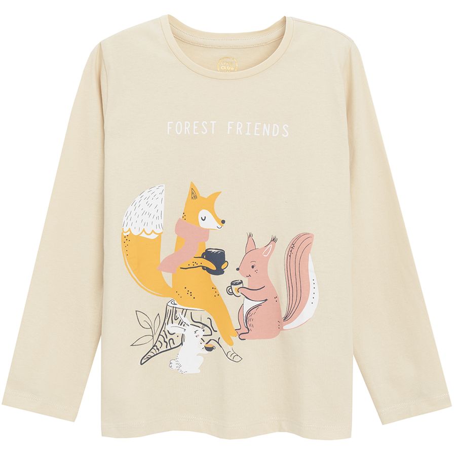 Beige long sleeve blouse with Forest Friends print
