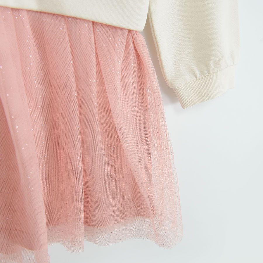 Φόρεμα μακρυμάνικο εκρού με κεντημένη στάμπα πεταλούδα και ροζ φούστα από τούλι