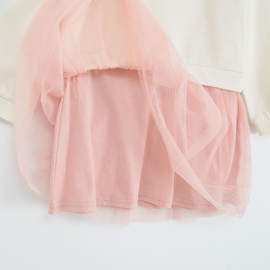Φόρεμα μακρυμάνικο εκρού με κεντημένη στάμπα πεταλούδα και ροζ φούστα από τούλι
