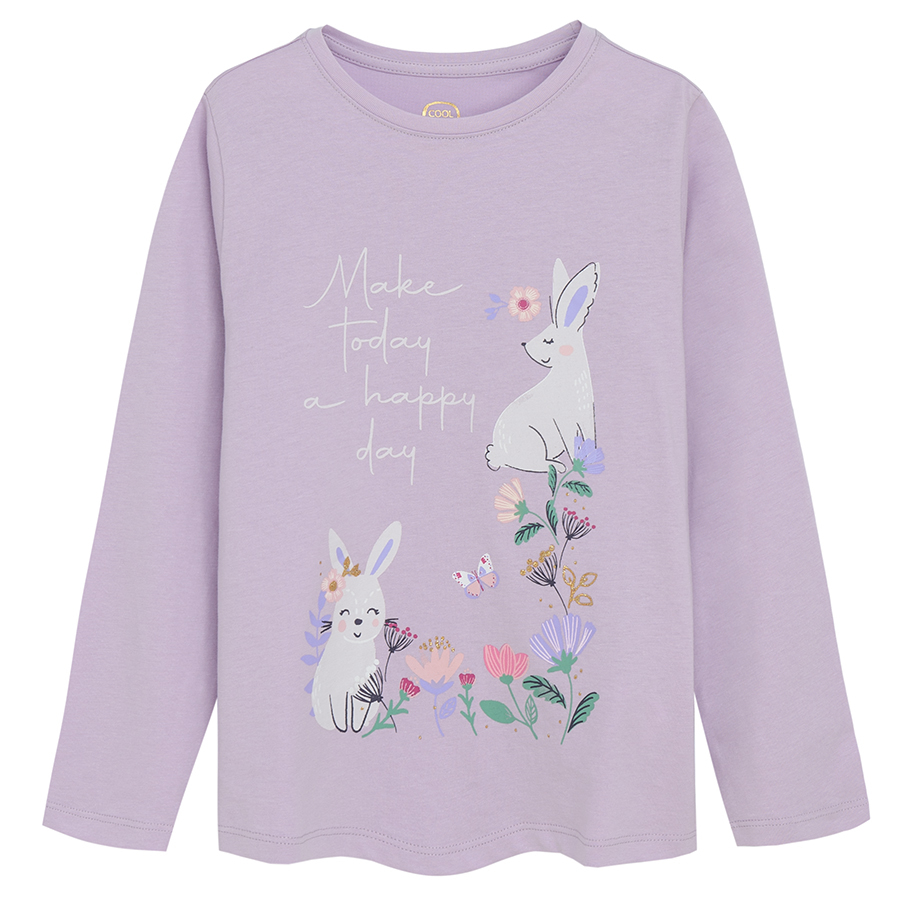 Purple long sleeve blouse with bunnies print MAKE TODAY A HAPPY DAY