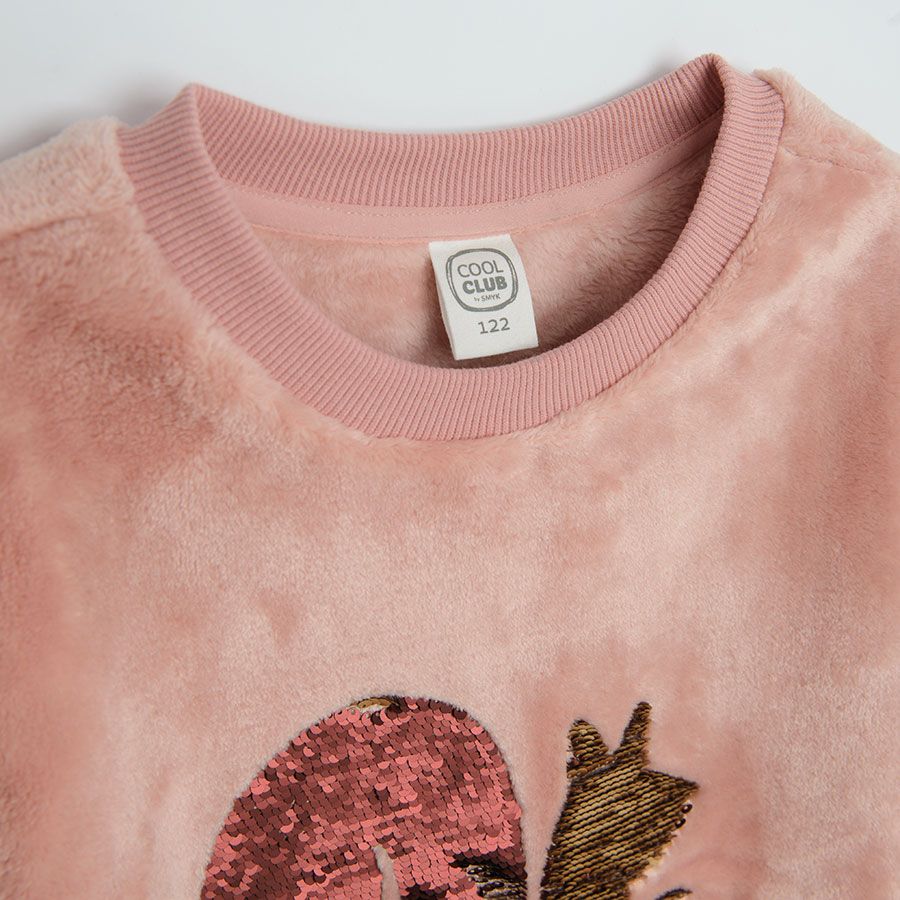 Pink sweathsirt with interactive sequin squirrel print