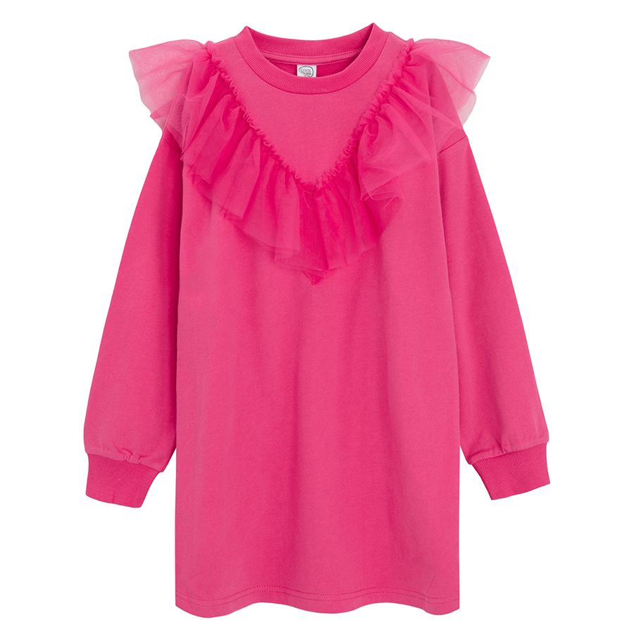Pink knit long sleeve sweatshirt dress with tulle collar