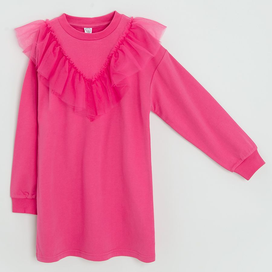 Pink knit long sleeve sweatshirt dress with tulle collar