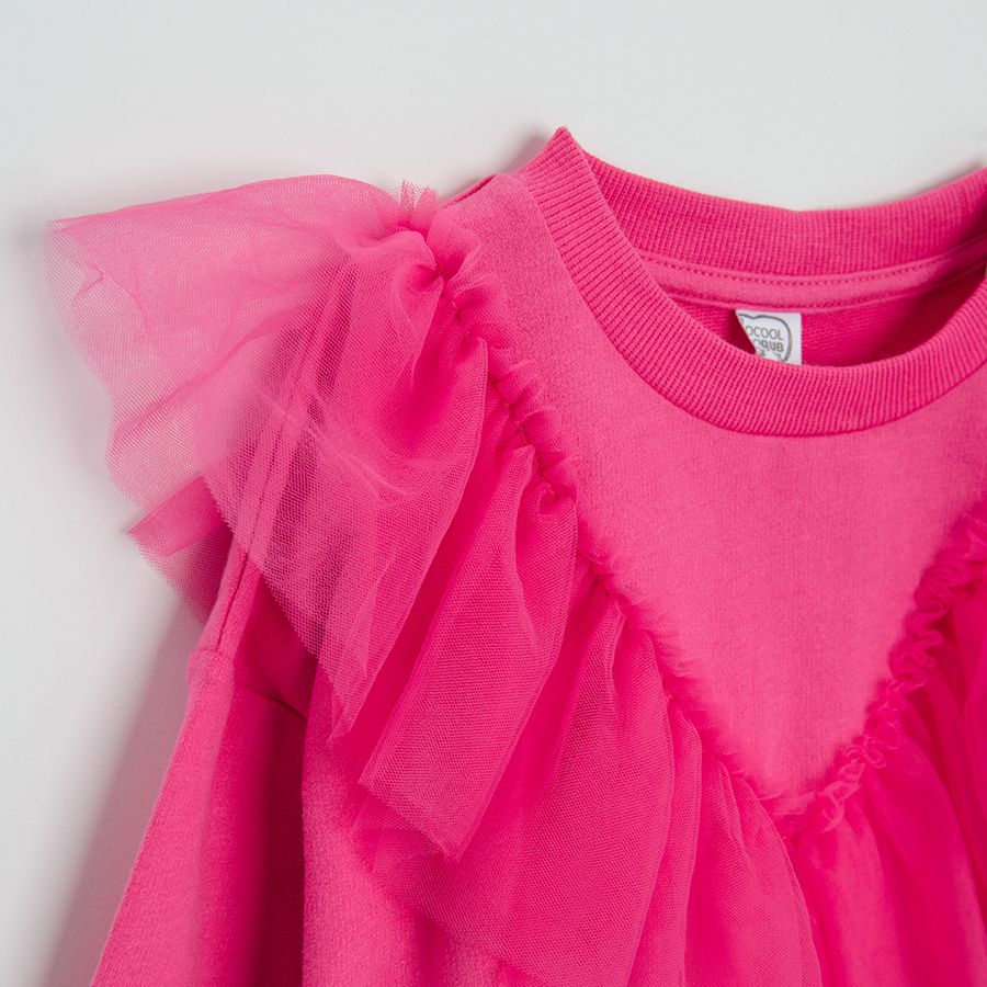 Pink knit long sleeve sweatshirt dress with tulle collar