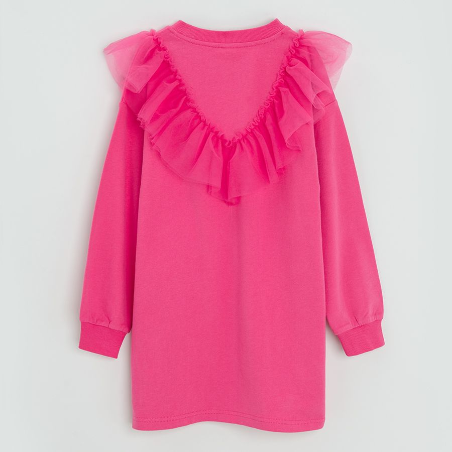 Pink knit long sleeve sweatshirt dress with tulle collar