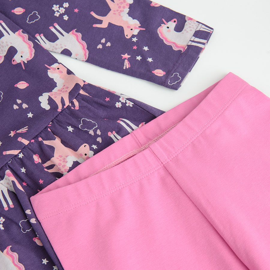 Purple with unicorns print long sleeve dress and pink leggings set