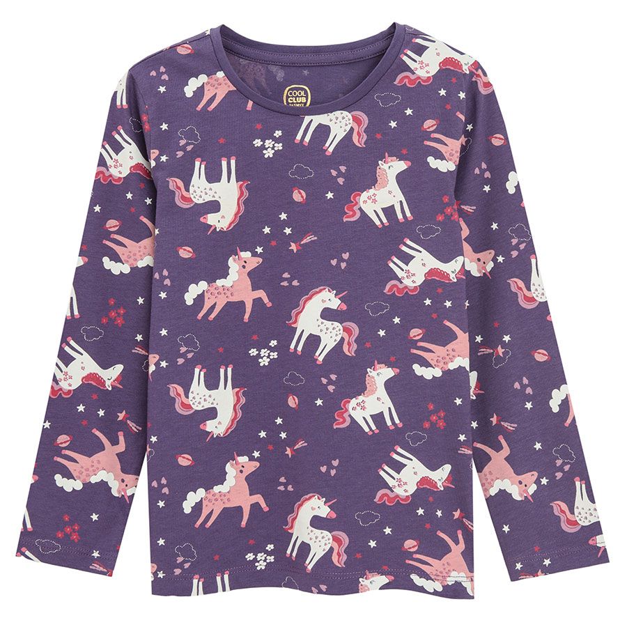 Blue grey and light blue long sleeve blouses with unicorn print and ecru polka dot - 3 pack