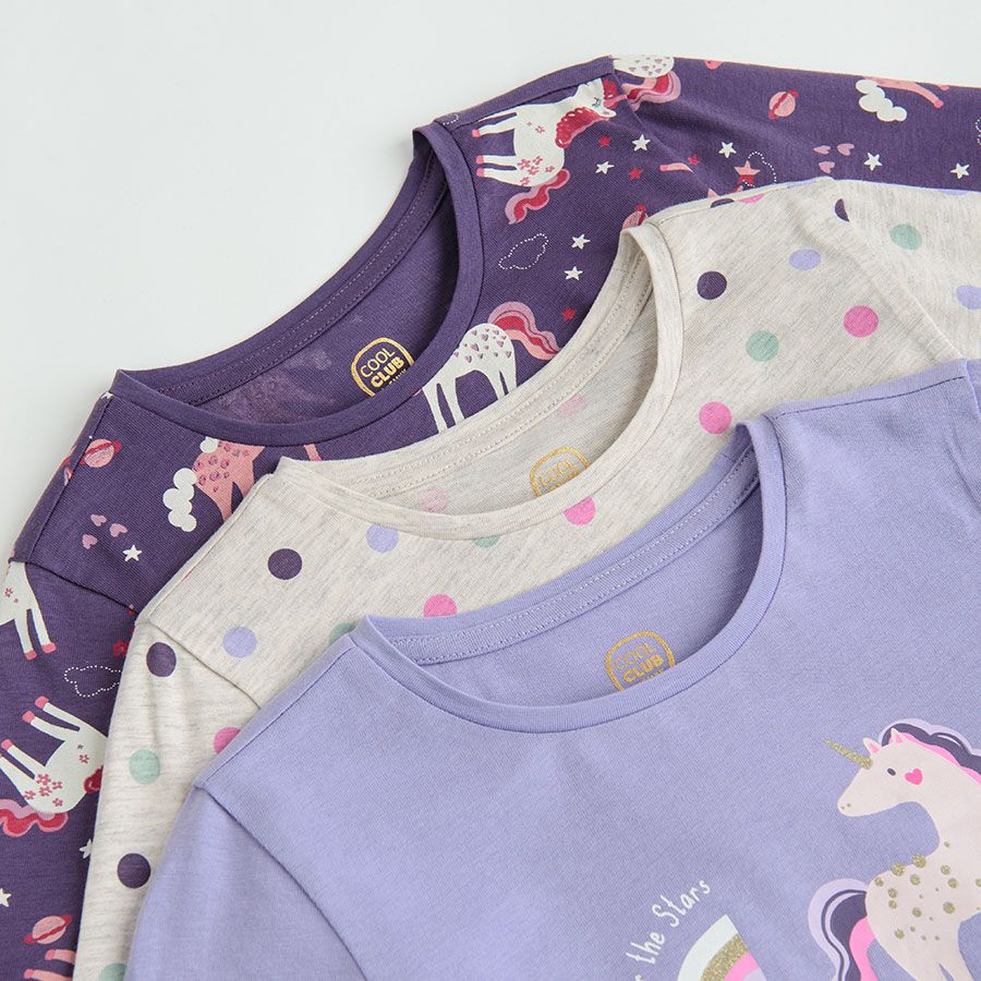 Blue grey and light blue long sleeve blouses with unicorn print and ecru polka dot - 3 pack