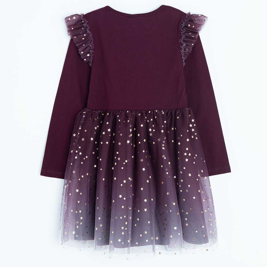 Φόρεμα μακρυμάνικο μπορντό με τούλινη φούστα με αστεράκια