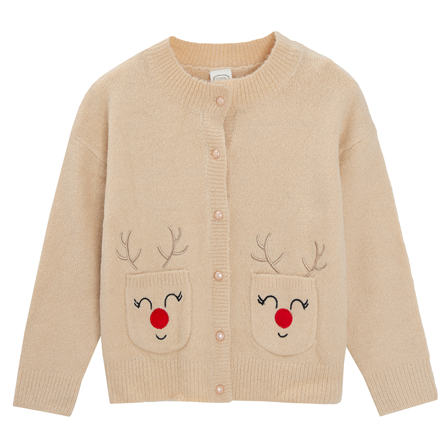White cardigan with raindeer print on the side pockets