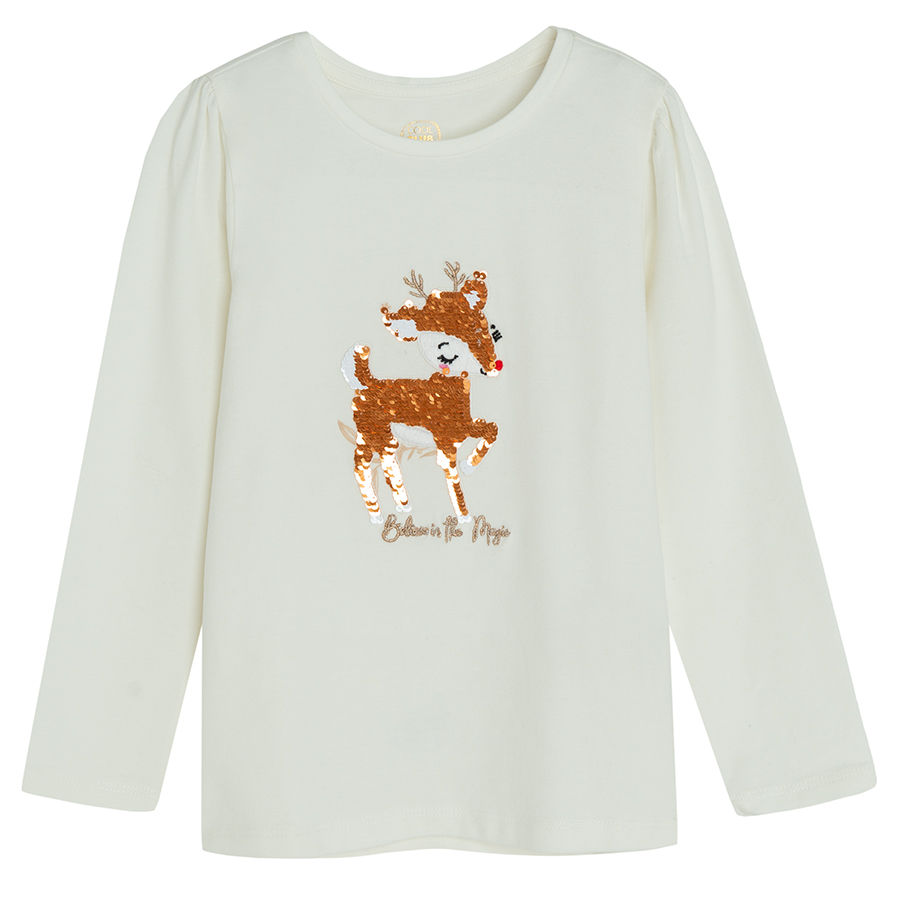 White long sleeve blouse with baby raindeer print