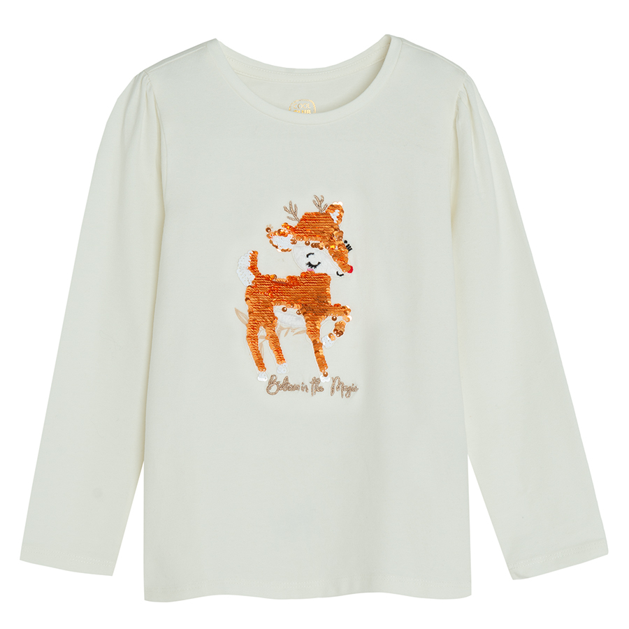 White long sleeve blouse with baby raindeer print
