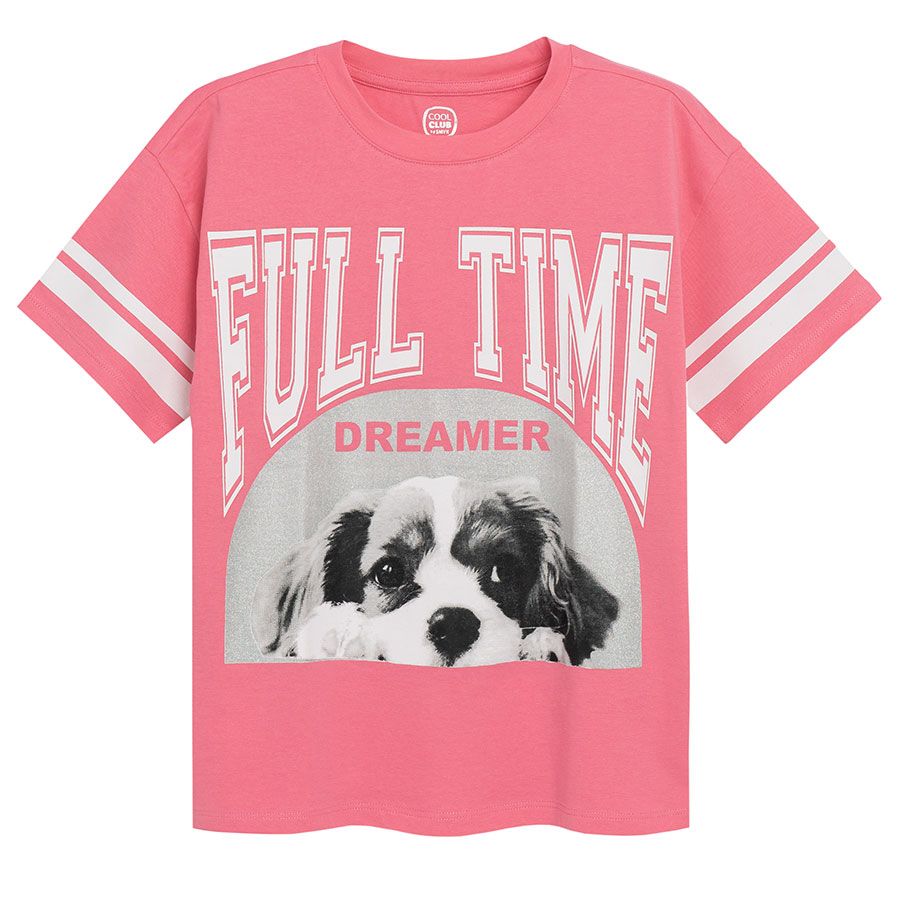 Μπλούζα κοντομάνικη ροζ με στάμπα σκυλάκι full time dreamer