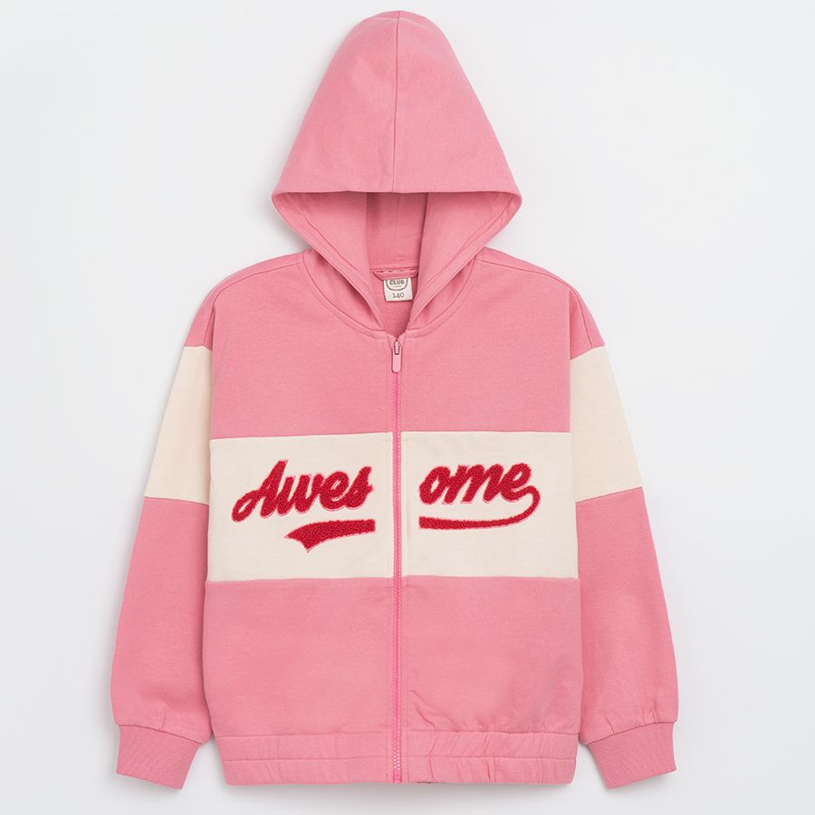 White and pink hooded seatshirt with 'Awesome' print