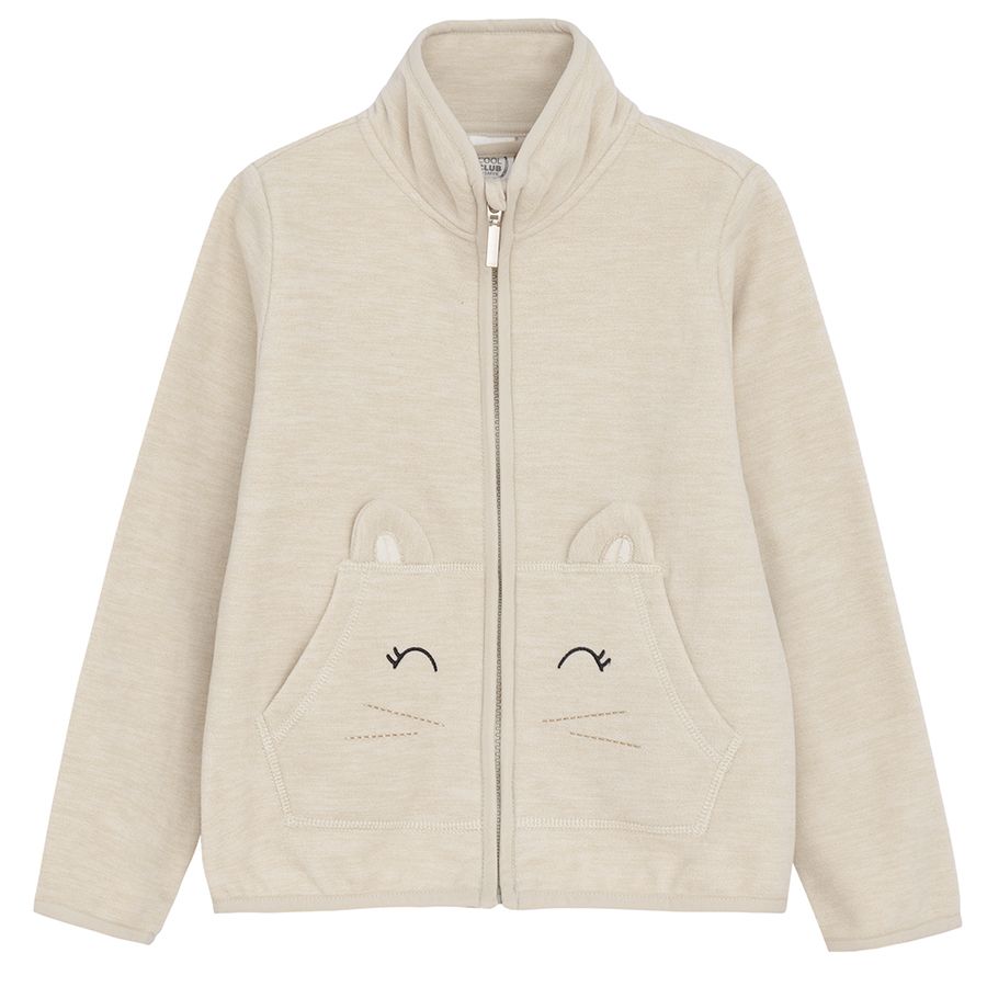 Ζακέτα fleece εκρού με κεντημένη στάμπα γατούλα στις τσέπες