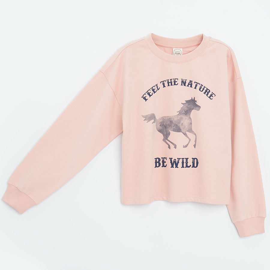 Light pink sweatshirt with horse and FEEL THE NATURE BE WILD print