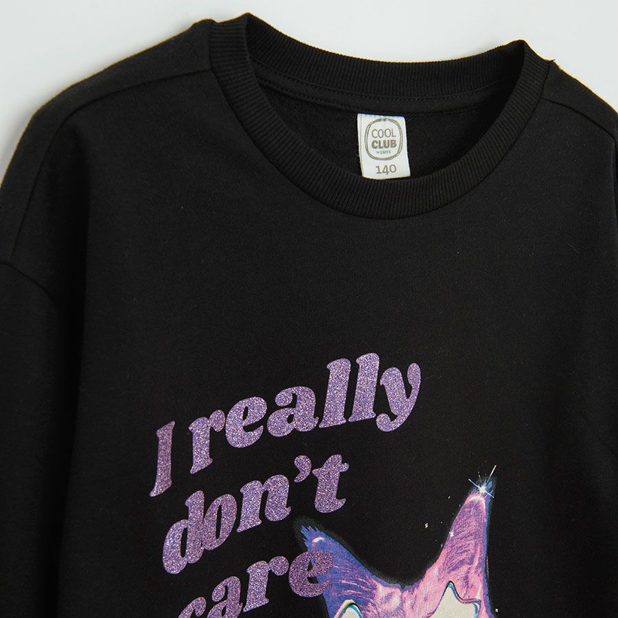 Black sweatshirt with cat and I really don't care print