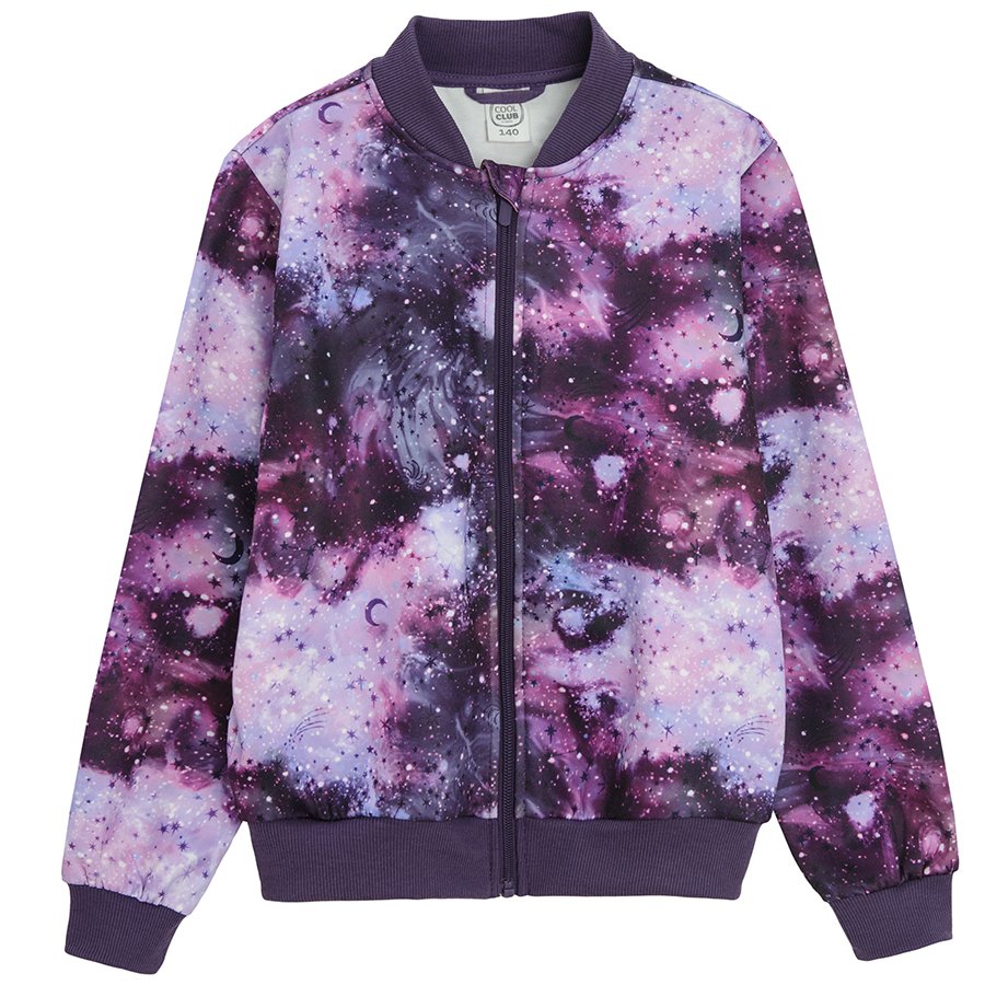 Ζακέτα με φερμουάρ μωβ με εφέ tie dye με στάμπα ουρανό