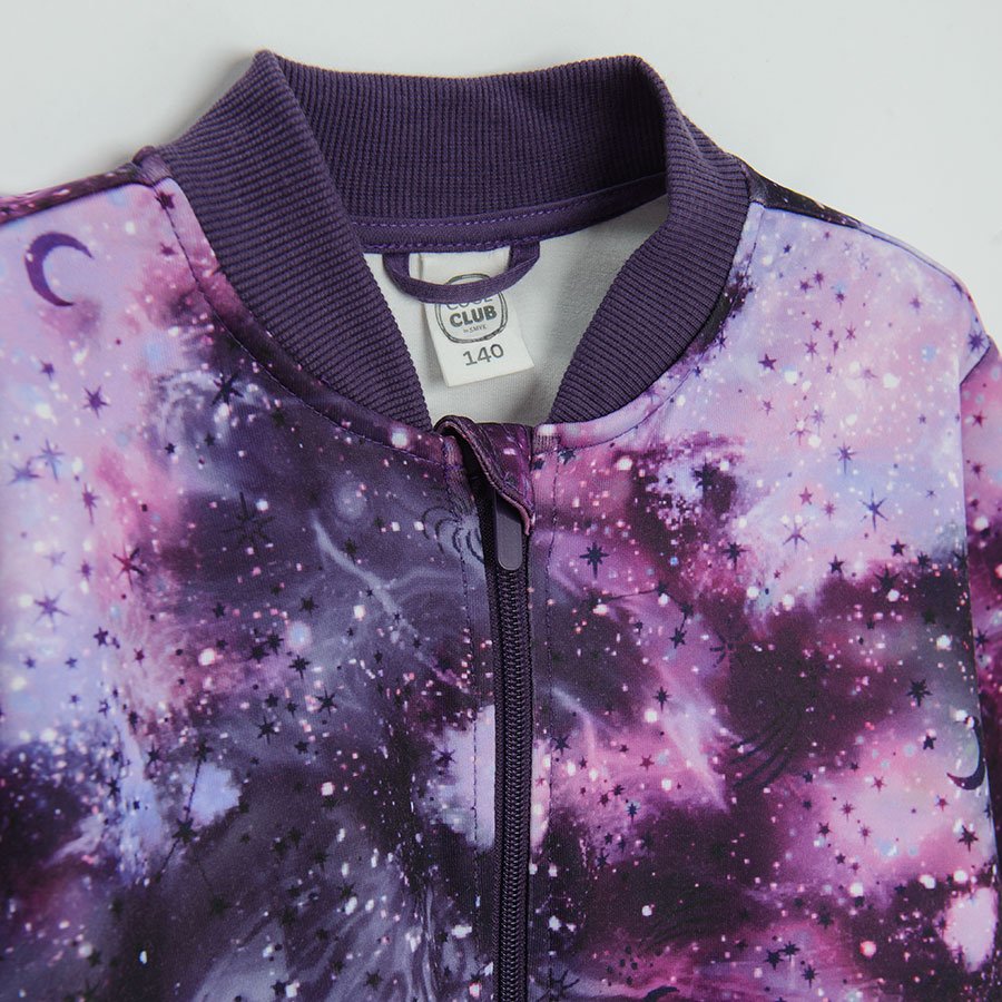 Ζακέτα με φερμουάρ μωβ με εφέ tie dye με στάμπα ουρανό