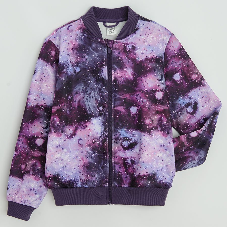 Ζακέτα με φερμουάρ μωβ με εφέ tie dye με στάμπα ουρανό