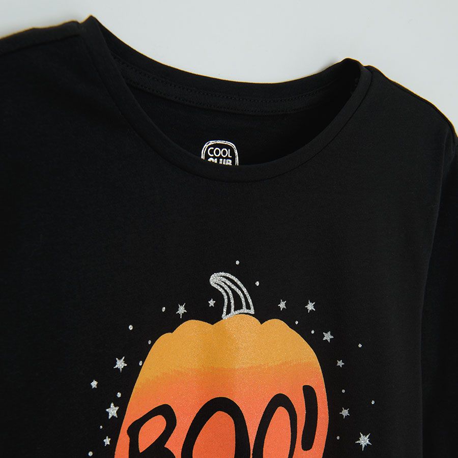 Black long sleeve blouse with pumpkin BOO print