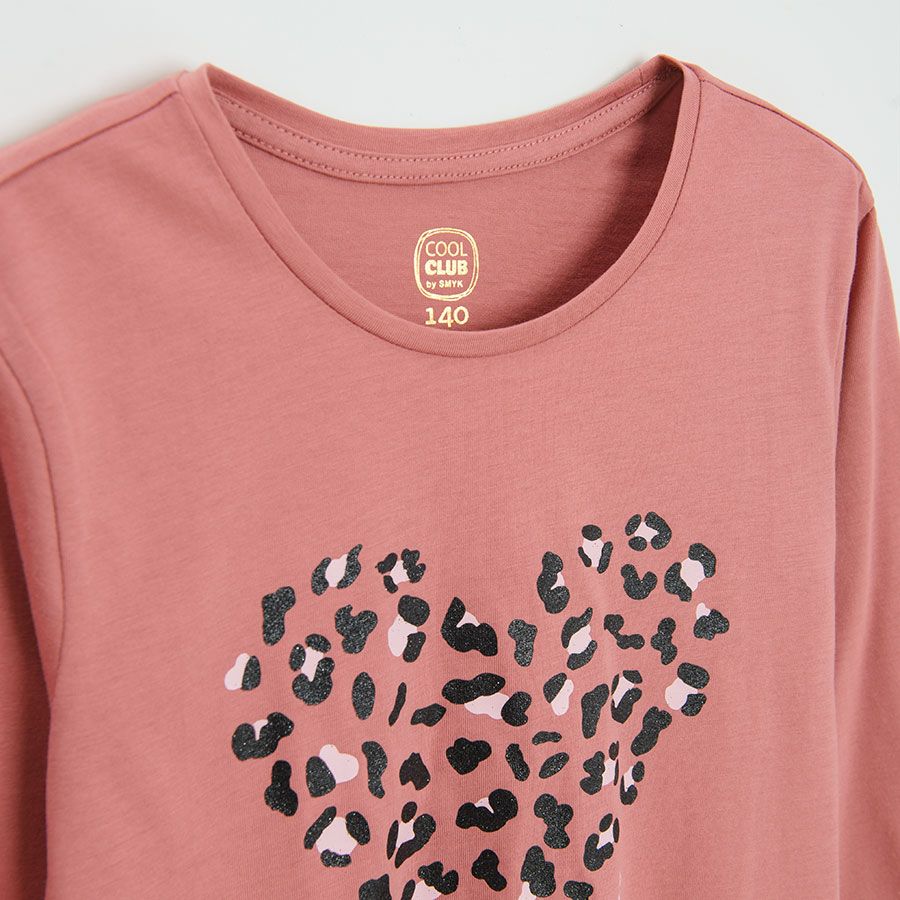 Dusty pink long sleeve blouse with animal print heart