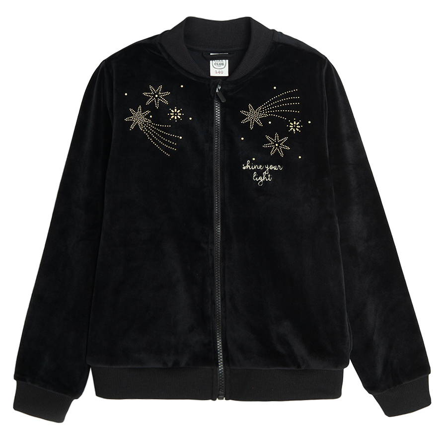 Black zip through sweatshirt with gold stars and Shine your light print