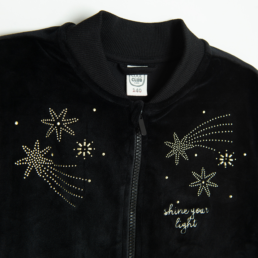 Black zip through sweatshirt with gold stars and Shine your light print