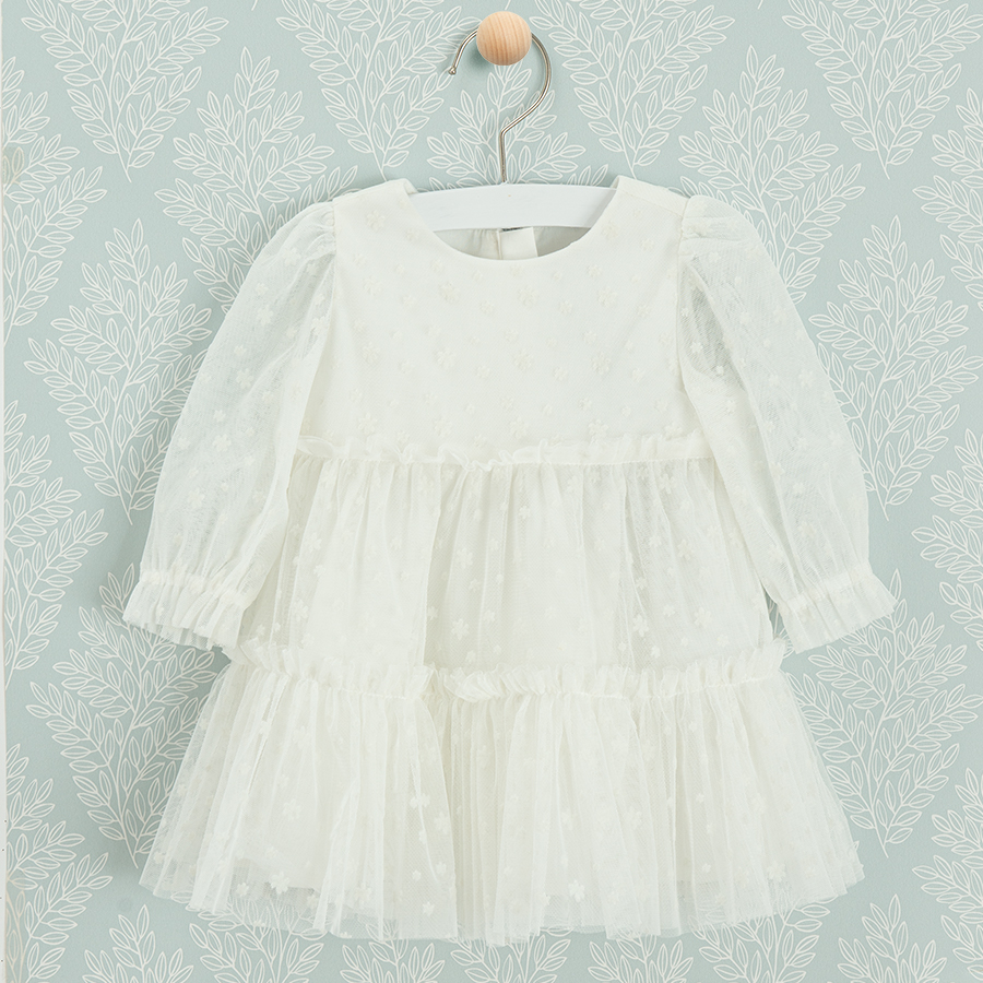 White long sleeve dress with tulle and ruffle