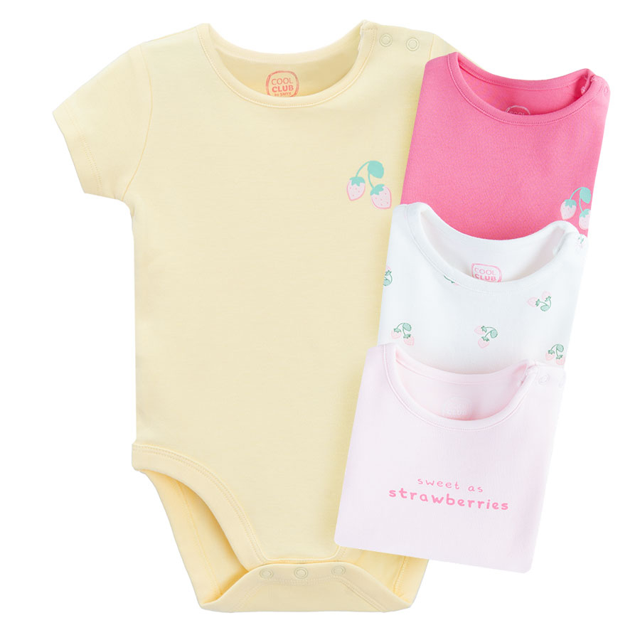 Dark pink, white, yellow and pink long sleeve bodysuits with delicate prints- 4 pack