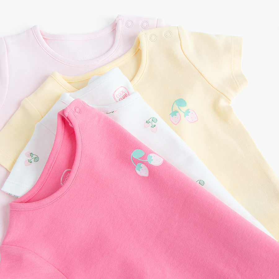 Dark pink, white, yellow and pink long sleeve bodysuits with delicate prints- 4 pack