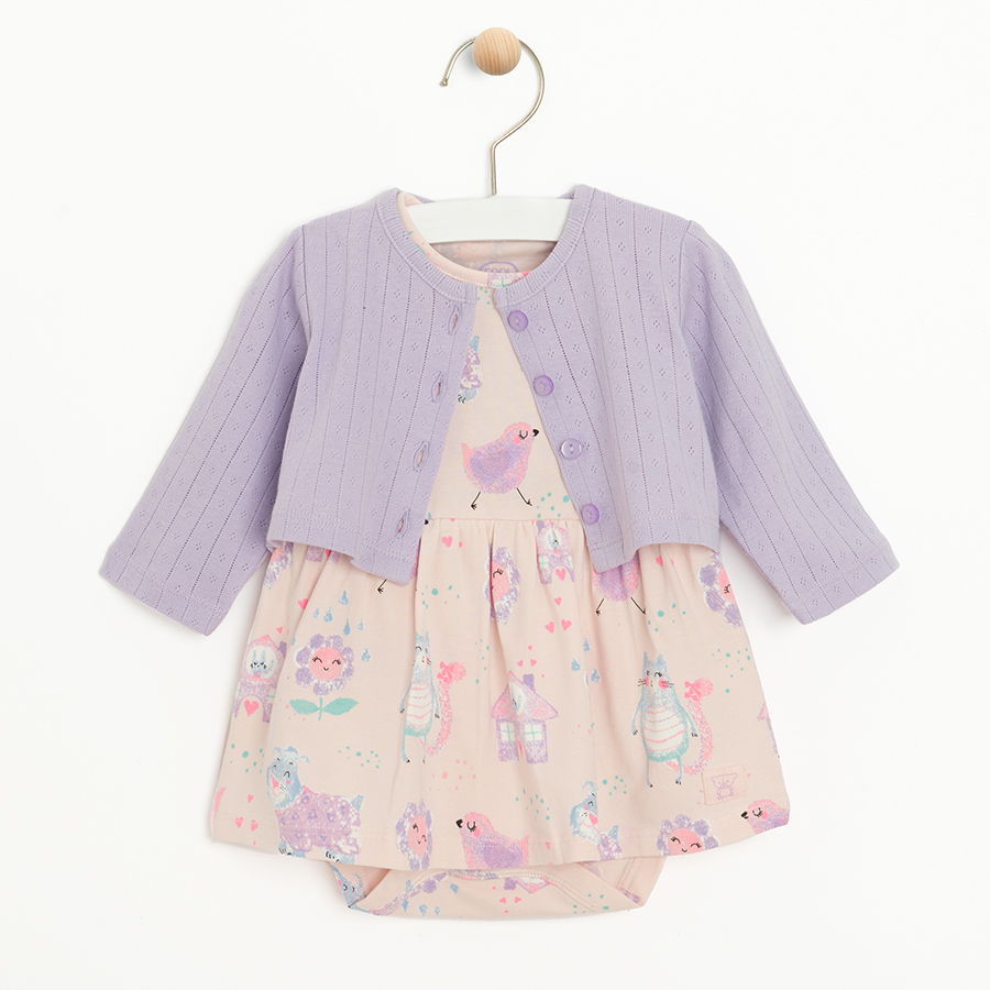 Pink dress bodysuit with sun and cheeks print and purprle cardigan