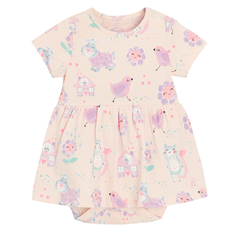 Pink dress bodysuit with sun and cheeks print and purprle cardigan
