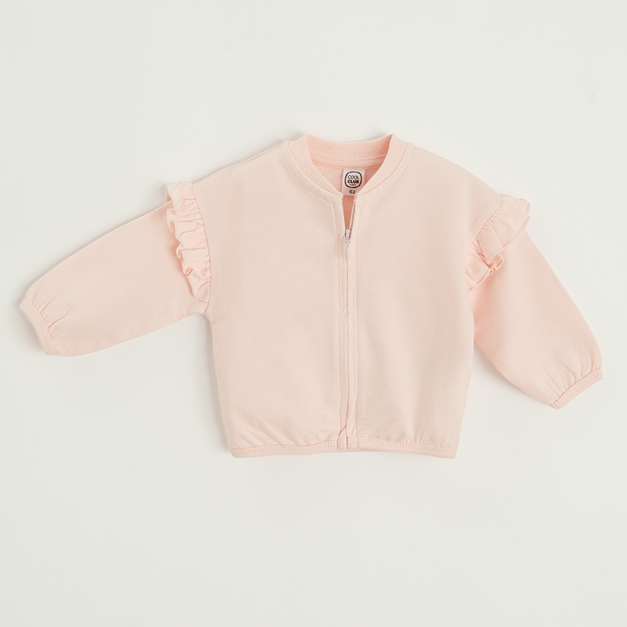 Σετ μπλούζα μακρυμάνικη λευκή με στάμπα σπιτάκι, κολάν μωβ καμπάνα και ροζ ζακέτα με φερμουάρ