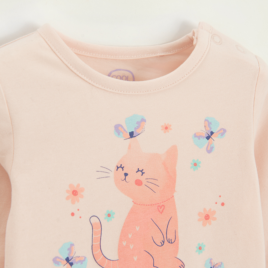 Light pink long sleeve bodysuit with kitten and butterflies print