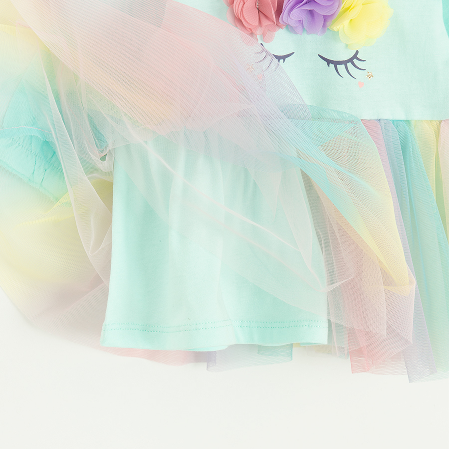 Mint long sleeve dress with unicorn print, rainbow tutu skirt and matching headband- 2 pieces