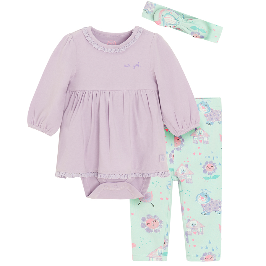 Purple dress bodysuit, mint floral leggings and matching headband- 3 pieces