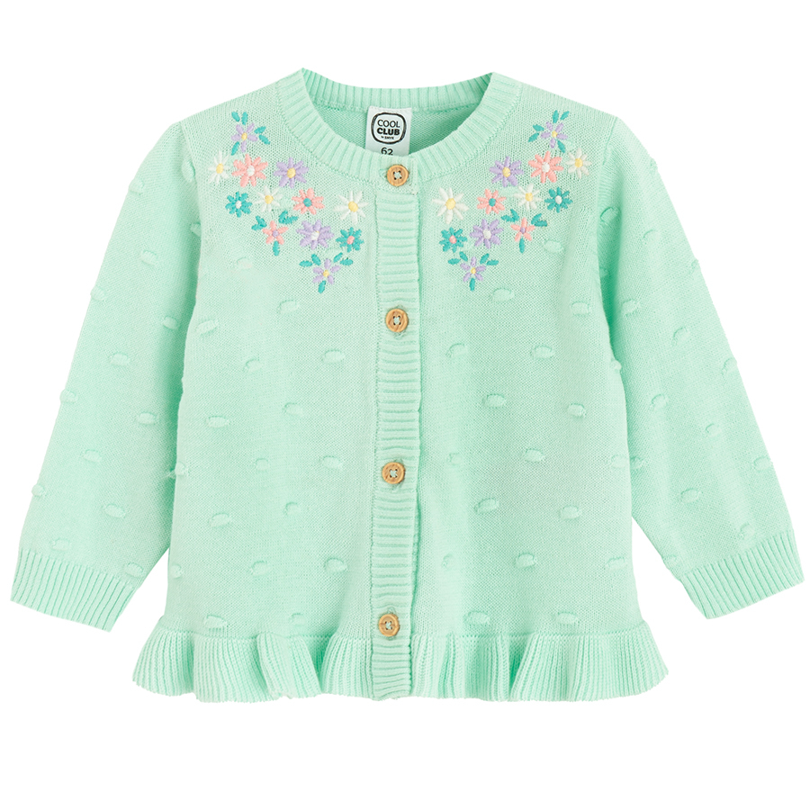 Mint cardigan with button and floral embroidery around the collar