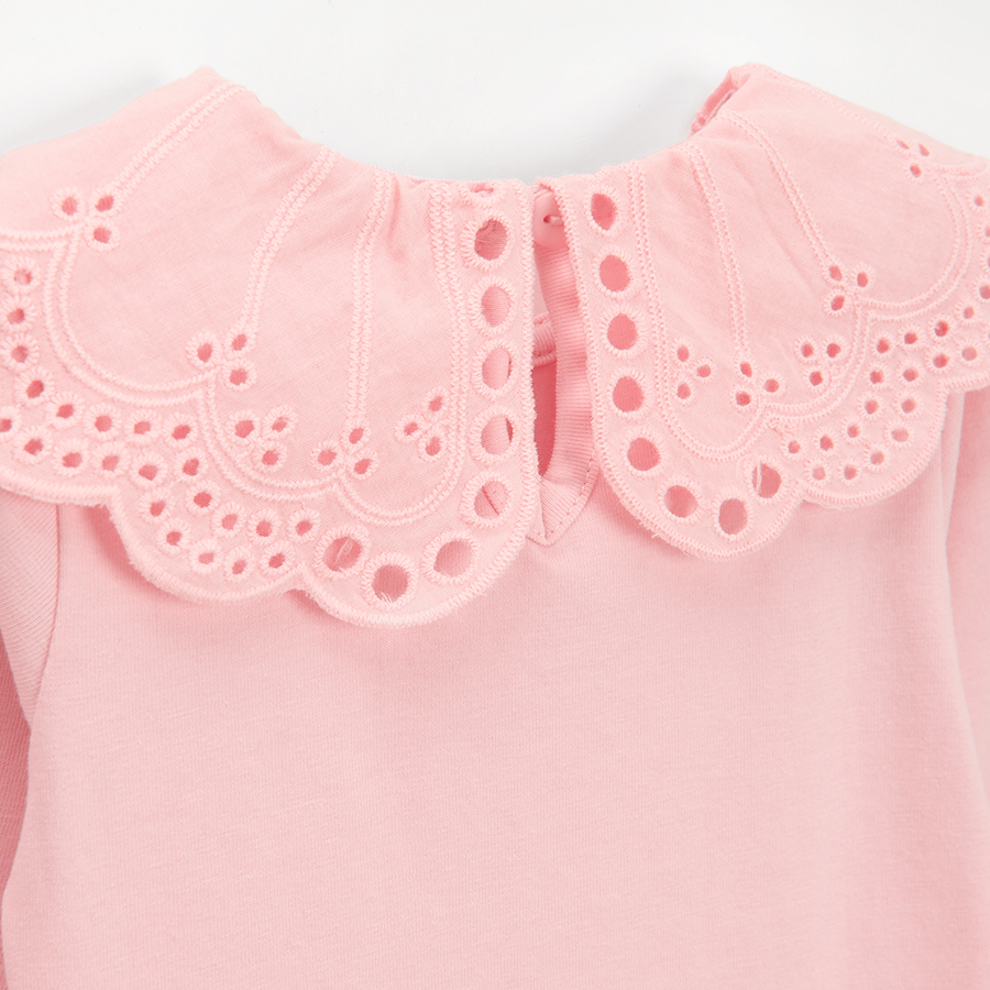 Pink long sleeve bodysuit with round embroidered collar