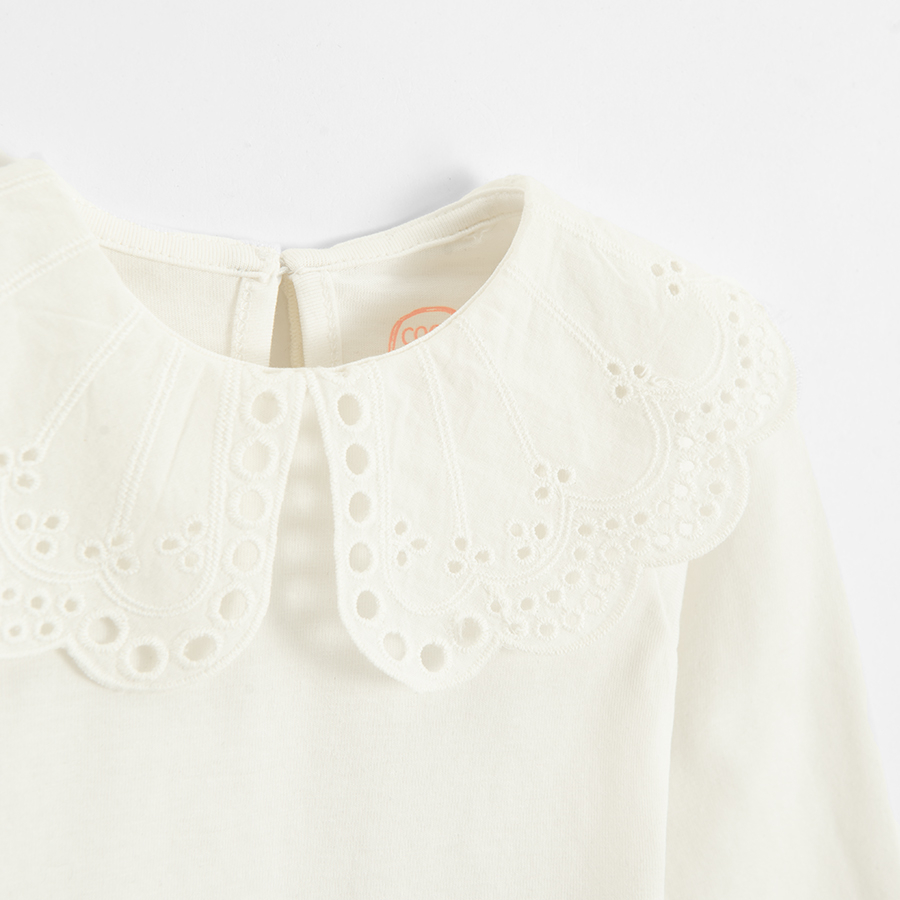 White long sleeve bodysuit with round embroidered collar