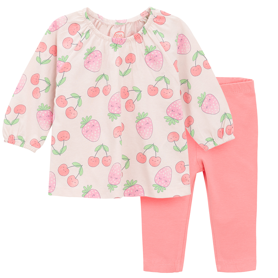 Pink long sleeve blouse with cherries print and pink leggings set- 2 pieces